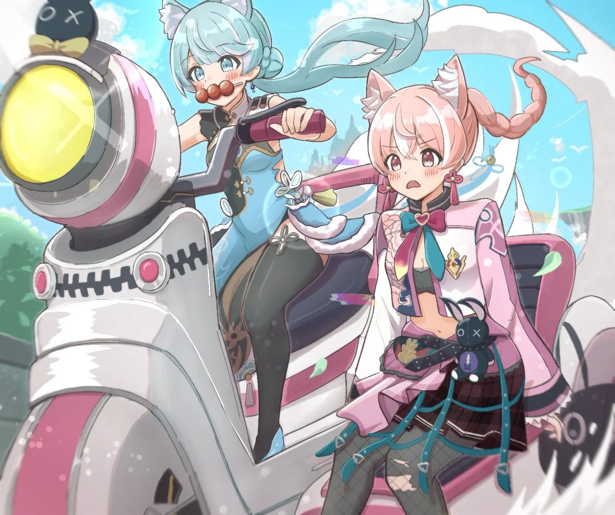 Official BPSR JP character motif illustration of two adventurers roaming Regnus on scooters by Sunanuko.