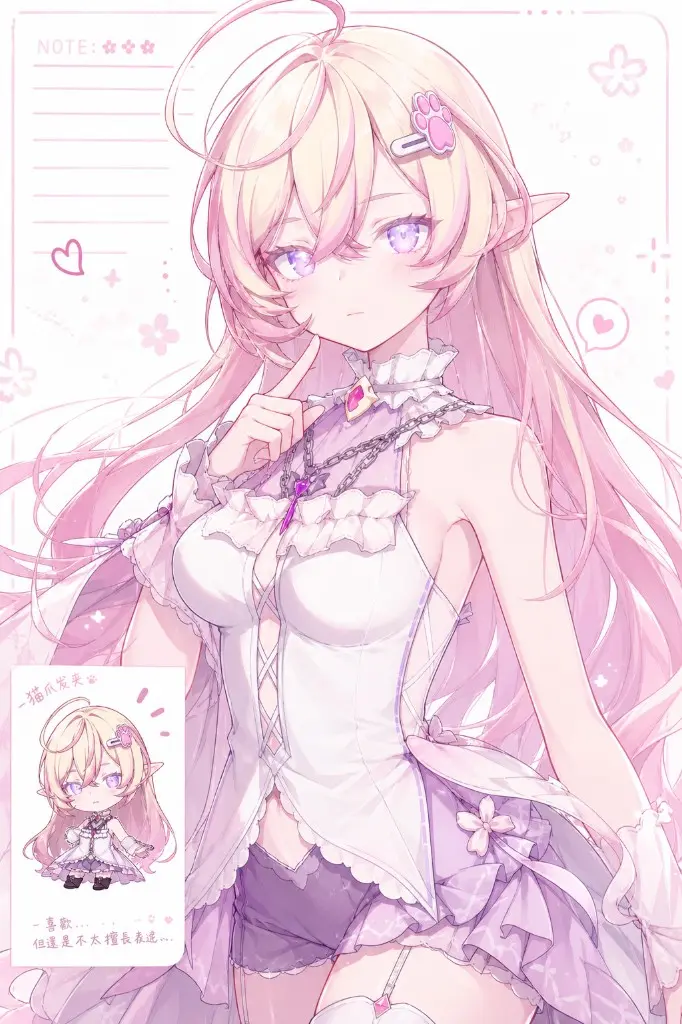 Pink-themed BPSR fan art of a long-haired elf adventurer with a chibi character note.
