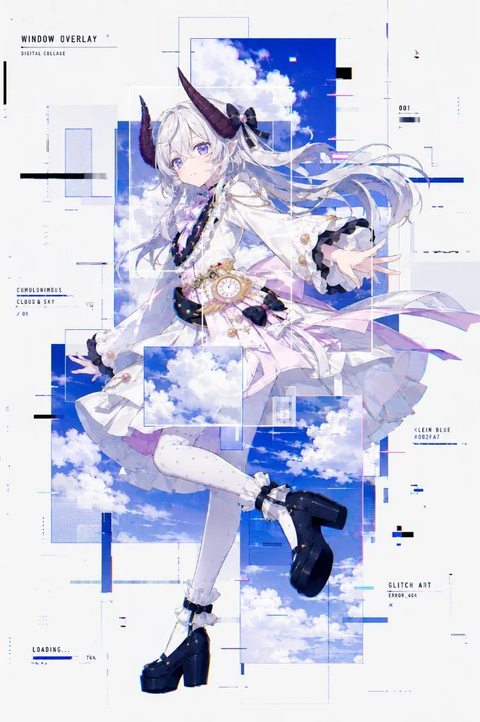 Anime-style white-haired horned girl floating in a blue sky collage.