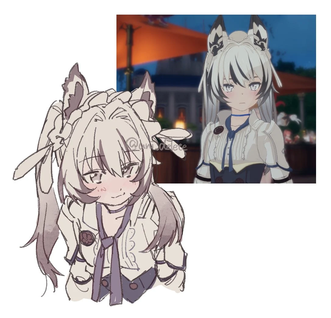 Two fan art illustrations of a purple-haired horned BPSR adventurer.