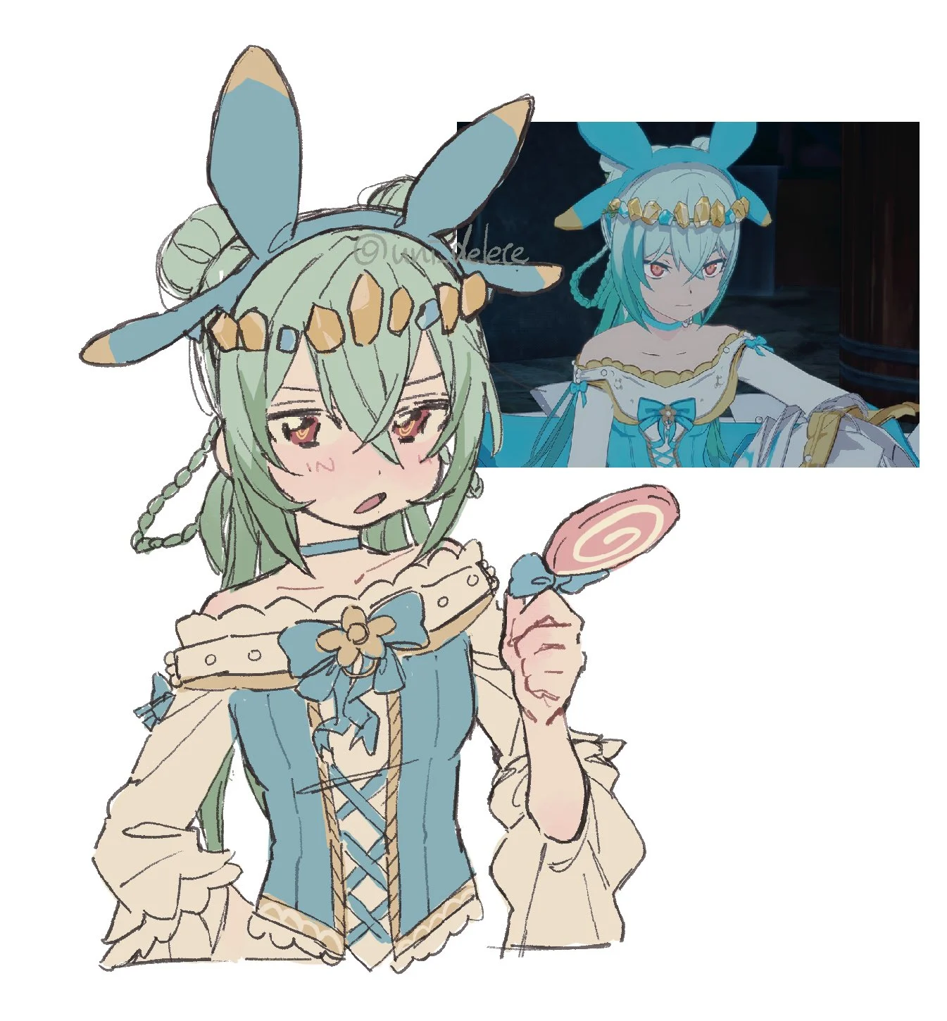 Two fan art illustrations of a purple-haired horned BPSR adventurer. 2